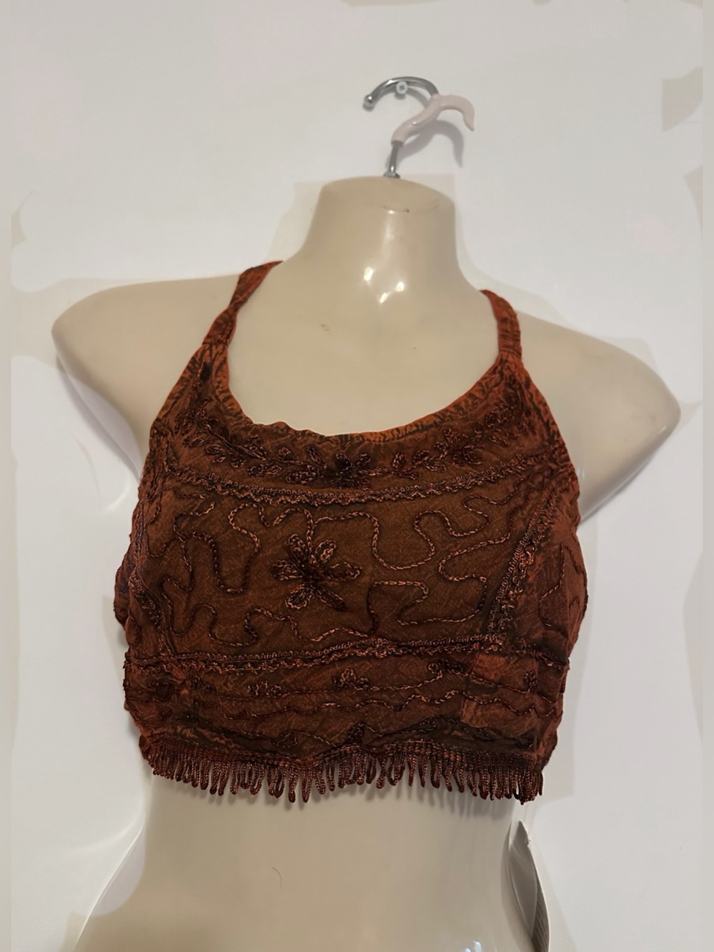 Dark Brown Boho Embroidered Crop Halter Top